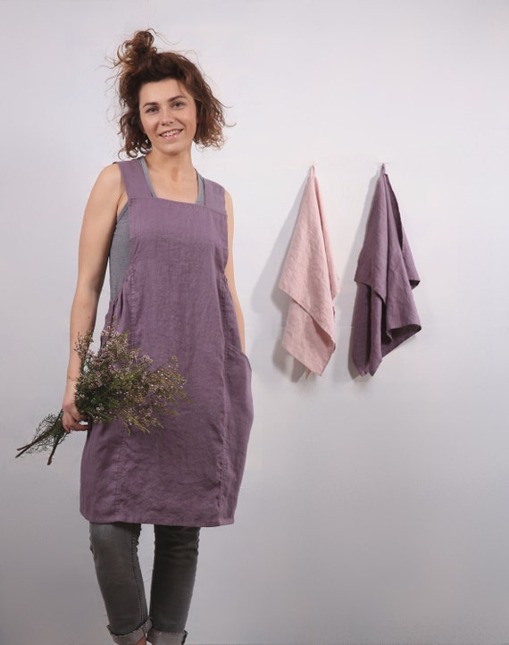 Linen apron dress full apron / Antique mauve color crossed back woman's linen japanese apron / Elegant pinafore comfortable smock  apron