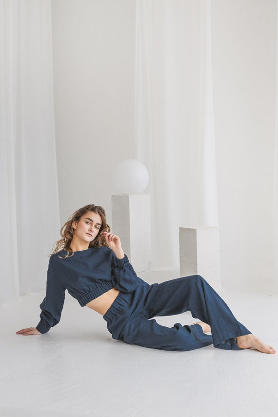 Linen wide leg linen pants in Blue color. Loose pants. Palazzo pants. Gauze pants. Woman linen trousers available in 47 color.