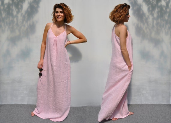 Full length holiday night out dress / Pale pink loose fit sleeveless prom dress / Custom length eco organic smock dress