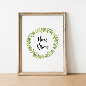 Easter Decoration, He Is Risen Watercolor Wreath, Easter Printable, Home Decor, Spring Wall Art, Easter Quote, He is Risen print image 1