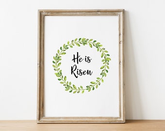 Easter Decoration, He Is Risen Watercolor Wreath, Easter Printable, Home Decor, Spring Wall Art, Easter Quote, He is Risen print