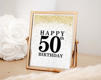 Happy 50th Birthday Party Poster,  Gold 50th Birthday Party Decorations, Birthday Banner, Welcome Sign, 50th Milestone Birthday, Table Decor