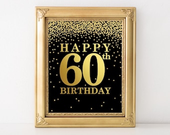 60th Birthday Sign Printable, Black and Gold 60th Birthday Welcome Sign, Happy 60th Birthday Digital Download, Party Backdrop Decoration