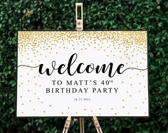 Birthday Welcome Sign Printable, Any Age, Gold Confetti, Custom Birthday Sign, Personalized Birthday Poster, Birthday Party Decoration Sign