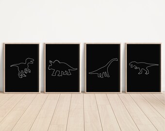 Dinosaur Print Set, Cute Dinosaur Nursery Wall Art, Line Art Dinosaur Printable Wall Art Set, Printable Dinosaur Art Black White Download