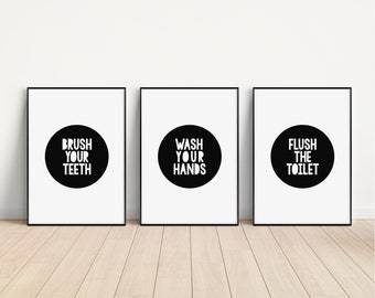 Kids Bathroom Wall Decor Set, Brush Your Teeth, Wash Your Hands, Flush the Toilet, Bathroom Sign, Bathroom Rules, Wall Art, Instant Download