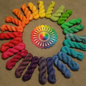 May include: A rainbow color wheel with yarn skeins arranged in a circle around it. The yarn skeins are in different shades of red, orange, yellow, green, blue, indigo, and violet.