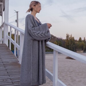 Hand Knitted Maxi Cardigan: Wide Cable Sleeves, Wool Blend Coat