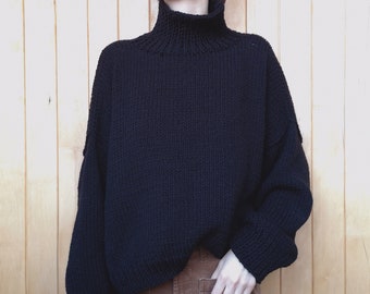 Chunky Turtleneck Sweater with Shorter Front Piece. Chunky Knit Oversize Roll Neck Jumper. Relax Fit Sweater. Slouchy Jumper