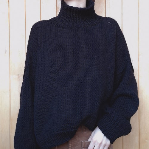 Chunky Turtleneck Sweater with Shorter Front Piece. Chunky Knit Oversize Roll Neck Jumper. Relax Fit Sweater. Slouchy Jumper