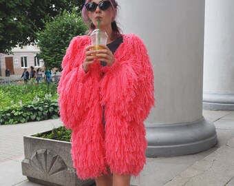 Mid Length Shaggy Jacket With Long Sleeves. Fringe Coat