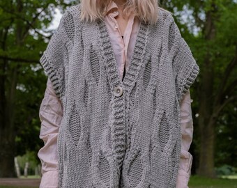 Hand Knit Chunky Aran Vest. Oversized Waistcoat. Merino Wool Sleeveless Aran Sweater. Button Up Vest S/M