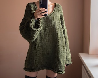 Oversize Chunky Sweater with Long Sleeves. Basic Hand Knitted Sweater with Deep Neckline. Pullover Loose Knit. Huge Baggy Sweater