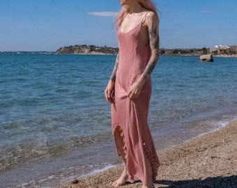 Knitted Mermaid Maxi Dress. Crochet Cotton Linen Dress. Wedding Knitted Gown. Beach Cover Up Dress. Slip Dress. Drama Length Knitted Dress