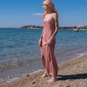 Gestricktes Meerjungfrau Maxi Kleid. Gehäkelte Baumwolle Leinen Kleid. Hochzeits-Strickkleid. Strand Überzugskleid. Slip-Kleid. Drama Länge Strickkleid