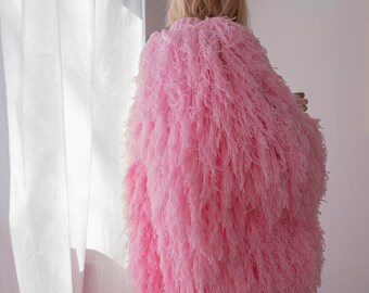 Mid Length Shaggy Jacket With Long Sleeves. Fringe Coat