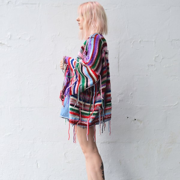 Chunky Oversized Cardigan with Bell Sleeves. Zero Waste Striped Sweater. Rainbow Cardi. Boho Festival Clothing. Hand Knitted Jacket