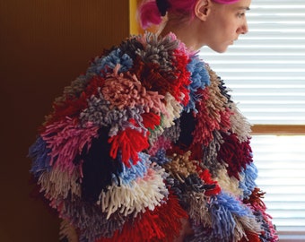 Multicolored Shaggy Jacket With Long Sleeves. Hand Knitted