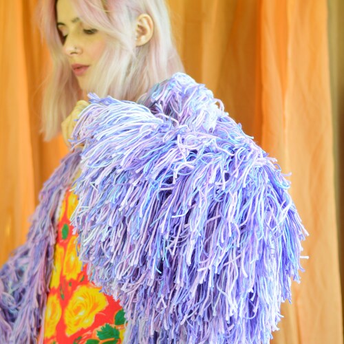 Hand Knit Shaggy Jacket in Lilac/ Blue 