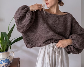 Hand Knit Chunky Sweater with Boat Neckline and Balloon Sleeves. Hand Knitted Pullover. Oversized Cropped Sweater