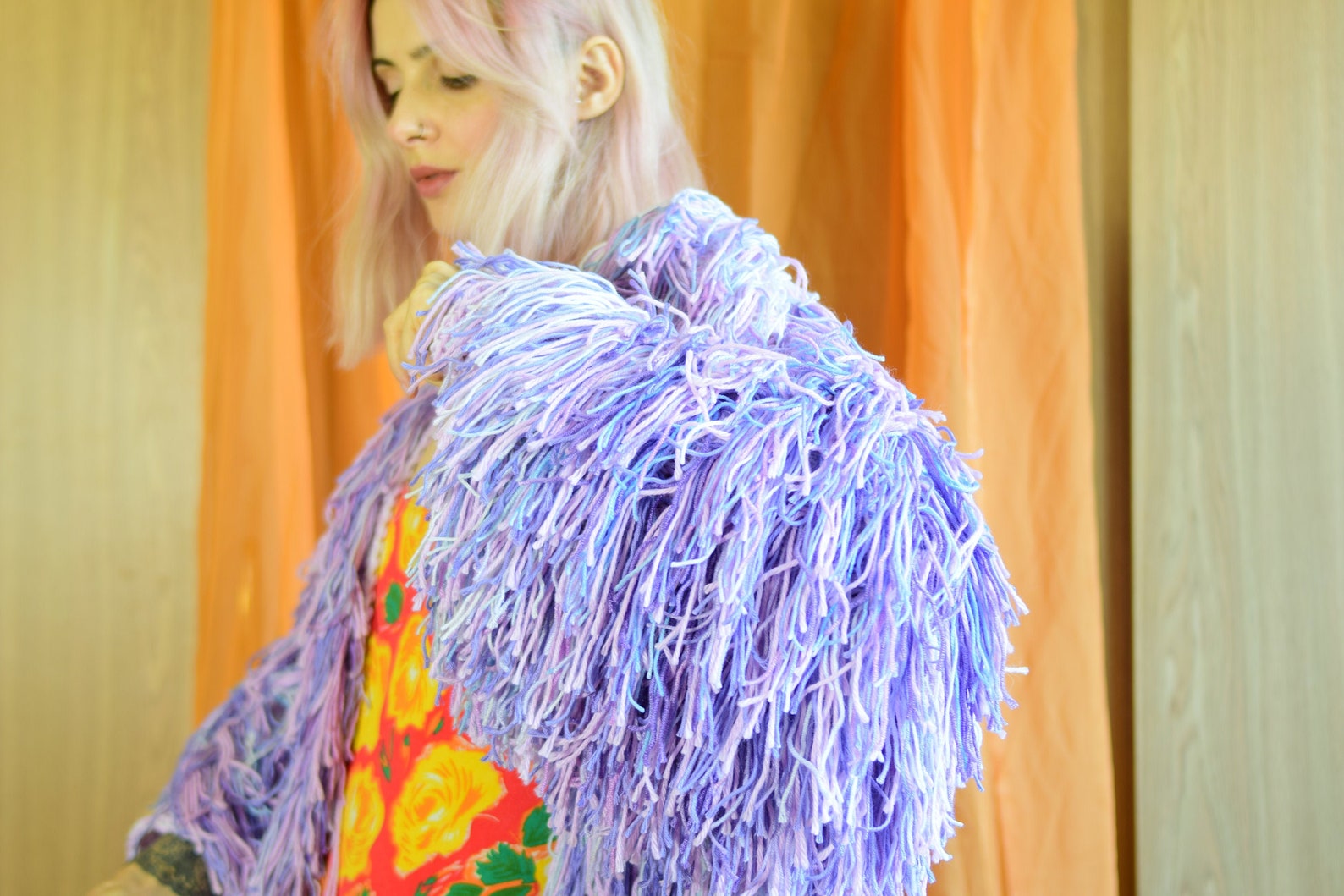 Hand Knit Shaggy Jacket in Lilac/ Blue. Furry Cardigan. Etsy