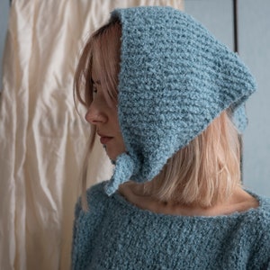 Hand Knitted Triangle Head Scarf. Warm Knitted Head Bandana. Alpaca Boucle Winter Kerchief. Wool Head Accessory. image 1