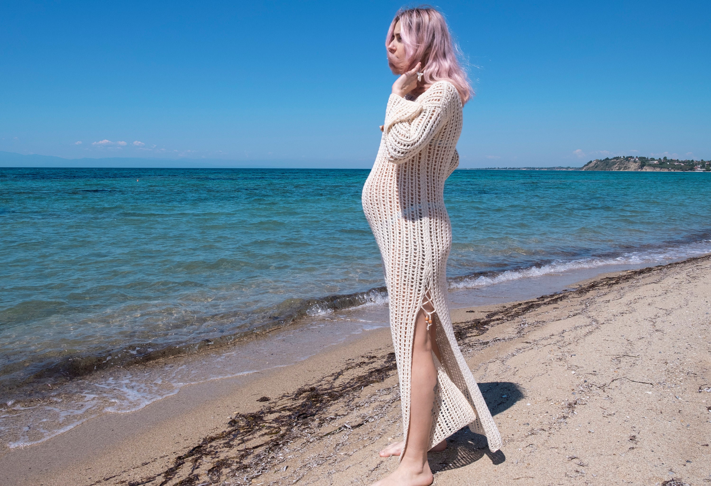 Knit Crochet Maxi Dress: Cotton Linen Blend, Long Sleeve Cover Up - Etsy