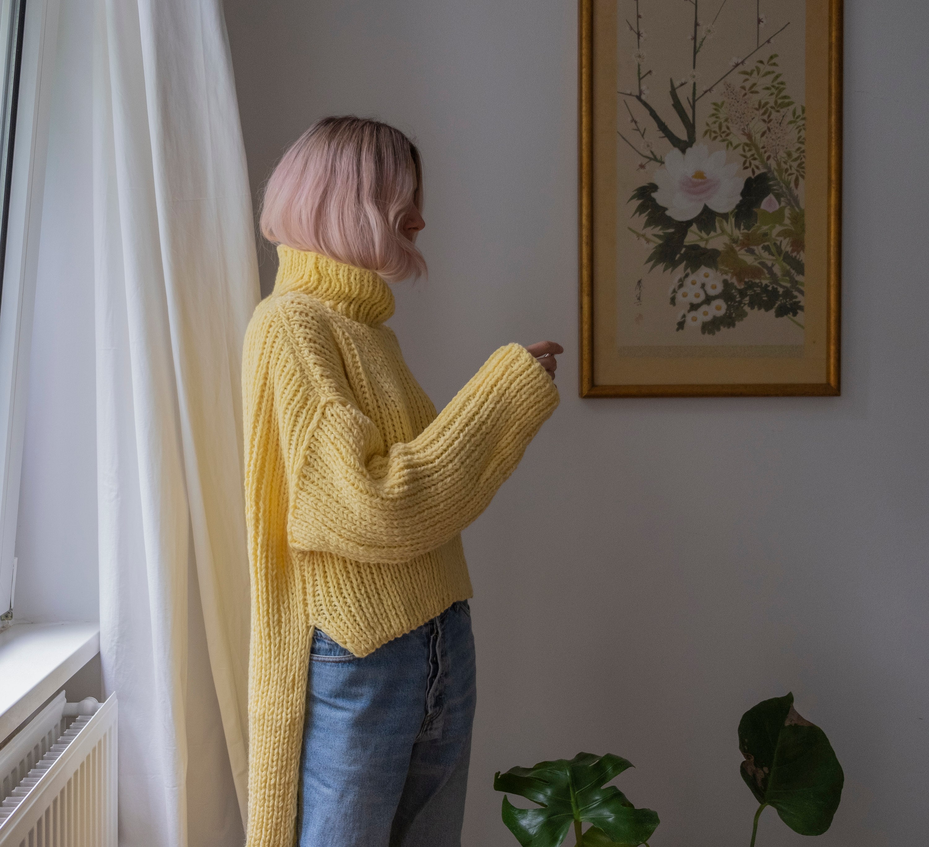 Asymmetrical Chunky Sweater With Extra Long Sleeves in Lemon Color