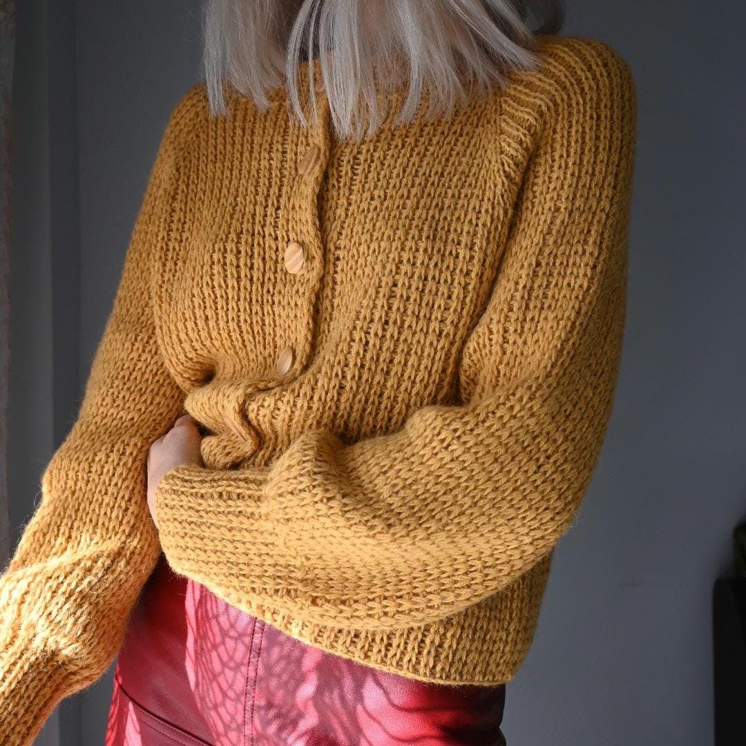 Handknitted Raglan Sleeve Cardigan with Button Up Closure. French Cardigan in Mustard. Crop Alpaca Wool Cardigan