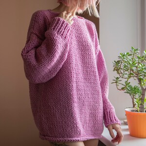 Oversize Chunky Sweater with Long Sleeves. Basic Hand Knitt Sweater with Boat Neckline. Pullover Loose Knit. Chunky Knit Slouchy Jumper pink