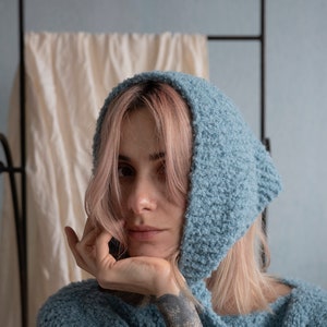Hand Knitted Triangle Head Scarf. Warm Knitted Head Bandana. Alpaca Boucle Winter Kerchief. Wool Head Accessory. image 5