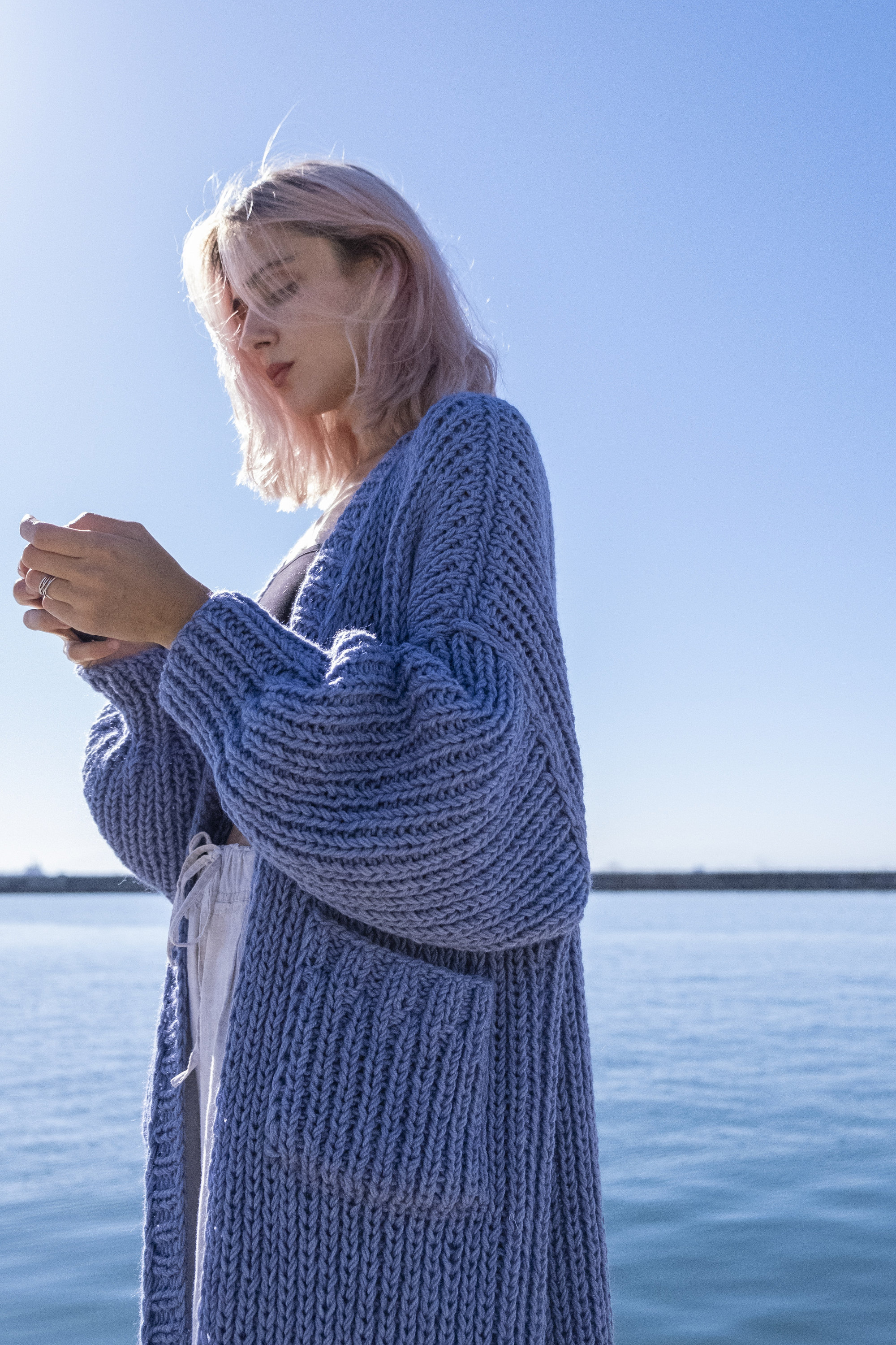 Rib-knit Cardigan With Pockets. Maxi Coat With Long Sleeves Rib-knit Cardigan With Pockets. Maxi Coat With Long Sleeves