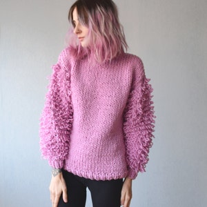 Slouchy Sweater with Loopy Sleeves. Chunky Sweater. Cozy Pullover. Cute Hand Knit Sweater. Chunky Knit. Shaggy Sweater