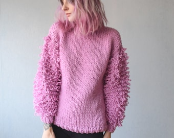 Slouchy Sweater with Loopy Sleeves. Chunky Sweater. Cozy Pullover. Cute Hand Knit Sweater. Chunky Knit. Shaggy Sweater