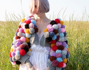 Multicolored Huge Pom Pom Bomber. Cropped Jacket with Long Sleeves. Rainbow Pom Pom Cardigan. Hand Knitted Zero Waste Cardigan