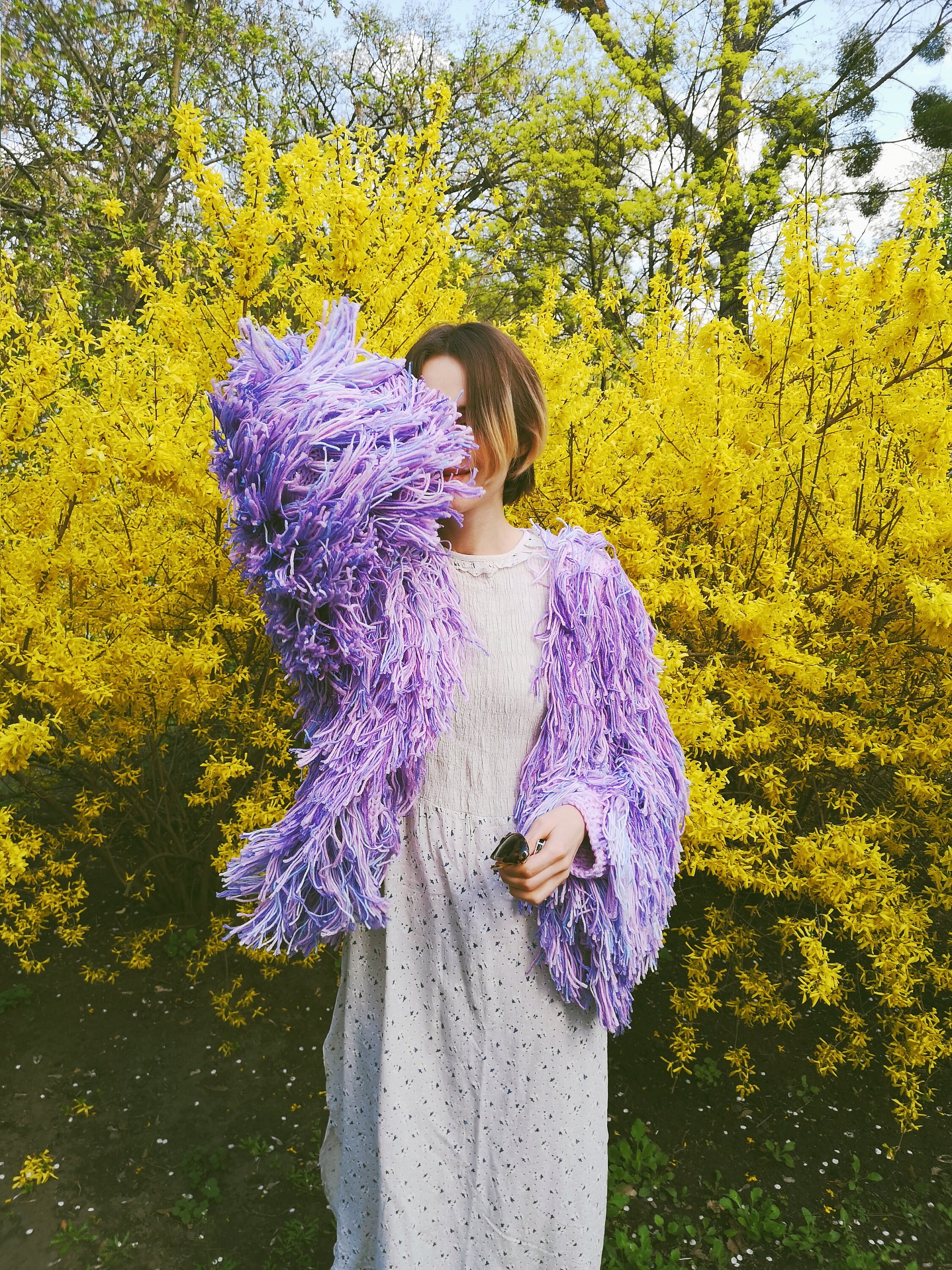 Hand Knit Shaggy Jacket in Lilac/ Blue. Furry Cardigan