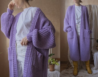 Hand Knit Long Cardigan with Pockets. Maxi Coat with Long Sleeves. Chunky Knit. Oversized Ribbed Sweater