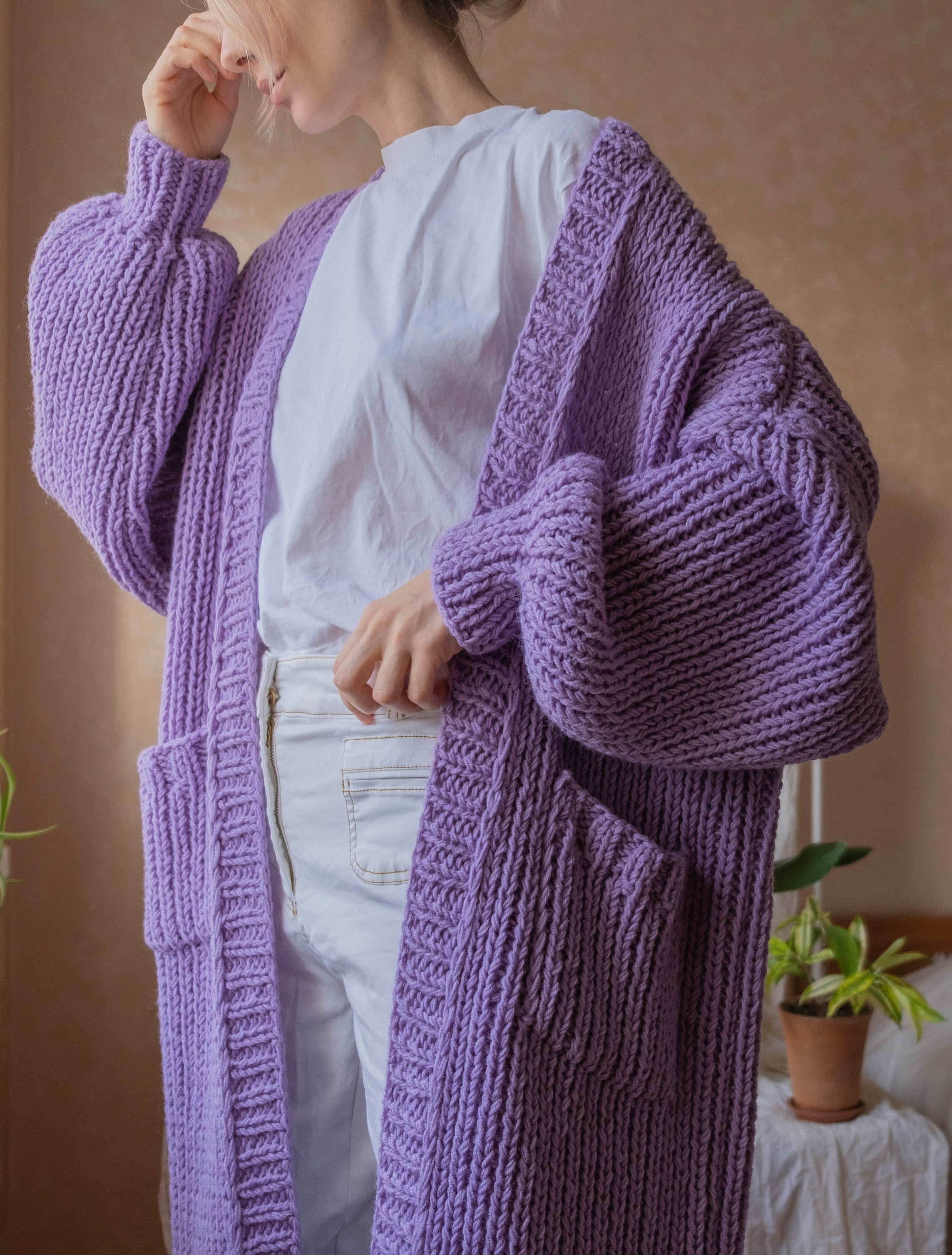 Rib-knit Cardigan With Pockets. Maxi Coat With Long Sleeves