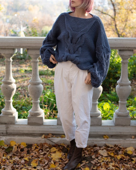 Baggy Cable Knit Sweater With Boat Neckline. Aran Slouchy Etsy