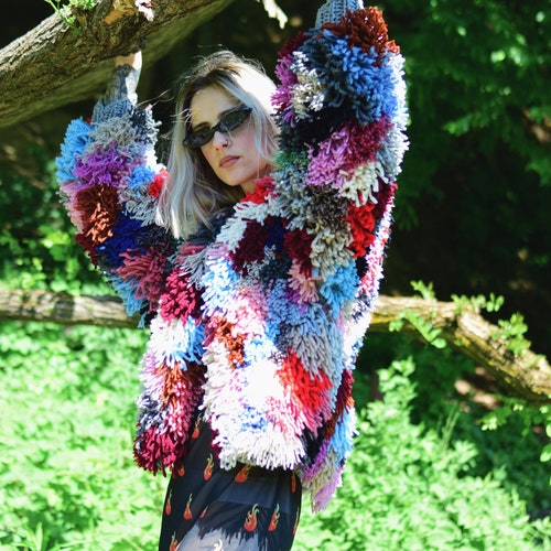 Multicolored Shaggy Jacket With Long Sleeves. Hand Knitted - Etsy