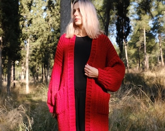 Cardigan oversize in lana merino con tasche - Lunghezza midi