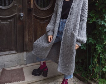 Oversized Cardigan. Long Cardigan with Pockets. Maxi Coat. Chunky Knit. Maxi Cardigan