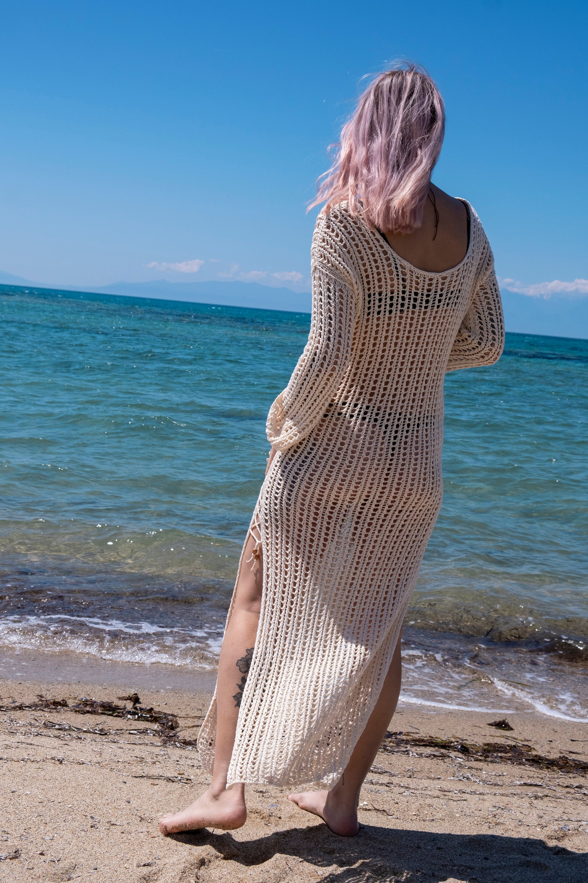 Knit Crochet Maxi Dress: Cotton Linen Blend, Long Sleeve Cover Up - Etsy