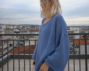 Hand Knit Oversized Sweater - Chunky V Neck Pullover - Women's Knit Top