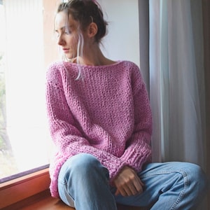 Oversize Chunky Sweater with Long Sleeves. Basic Hand Knitt Sweater with Boat Neckline. Pullover Loose Knit. Chunky Knit Slouchy Jumper image 5