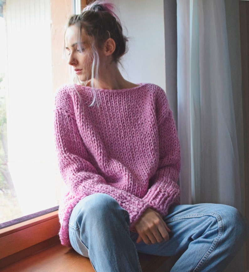 Oversize Chunky Sweater with Long Sleeves. Basic Hand Knitt Sweater with Boat Neckline. Pullover Loose Knit. Chunky Knit Slouchy Jumper image 5