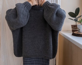 Baggy Roll Neck Sweater with Balloon Sleeves. Basic Chunky Jumper. Hand Knit Pullover. Oversized Daily Sweater