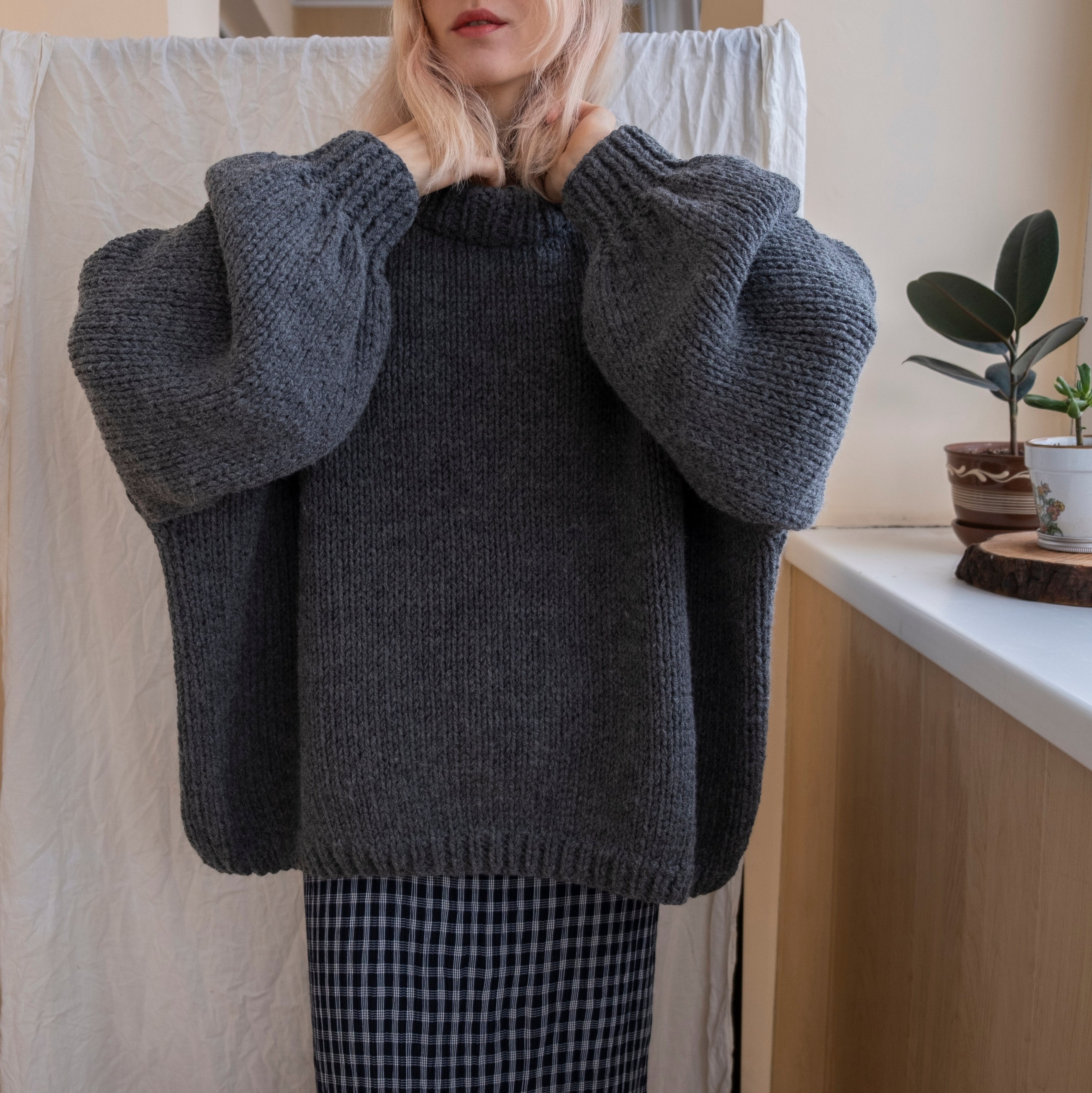 Baggy Roll Neck Sweater with Balloon Sleeves. Basic Chunky Jumper. Hand Knit Pullover. Oversized Daily Sweater