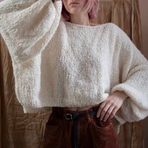 Super Soft Alpaca Boucle Oversize Sweater. Boat Neck Jumper with Balloon Sleeves. Loose Knit Pullover. Off White Crop Sweater