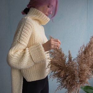 Hand Knit Sweater with Extra Long Sleeves. Asymmetrical Chunky Sweater. Turtleneck Sweater. Cropped Ribbed Sweater